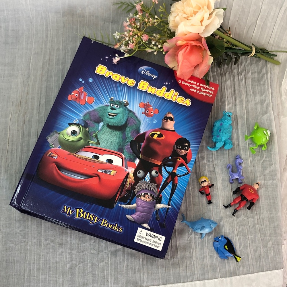 DISNEY PIXAR Brave Buddies Busy Book & 7 plastic action toys Monsters Inc, Nemo